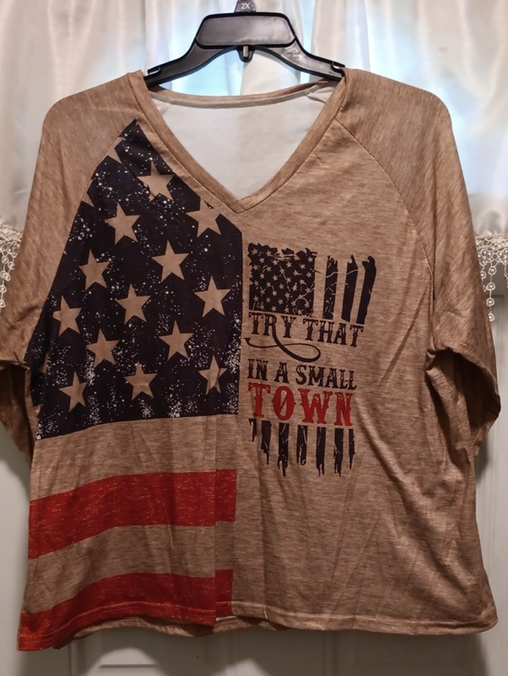 2/$8 Women’s V-Neck Jersey Tee with Flag Graphic - Tan/Red/Blue